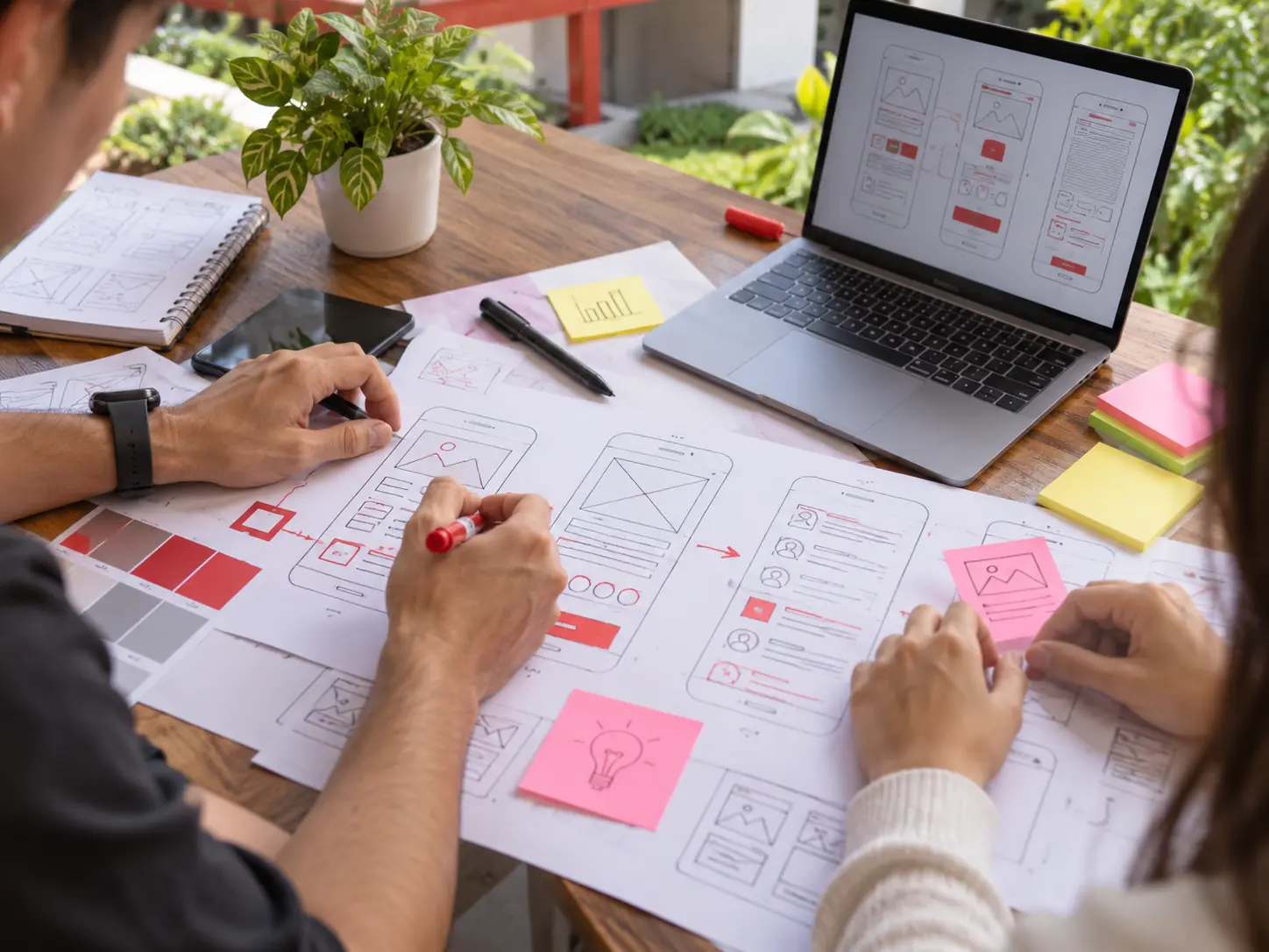 Equipo diseñando bocetos de pantallas de una aplicación sobre una mesa de trabajo